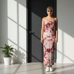 Women's Fashion Love Plus Size 3X Red White Tie-Dye Strapless Maxi Dress